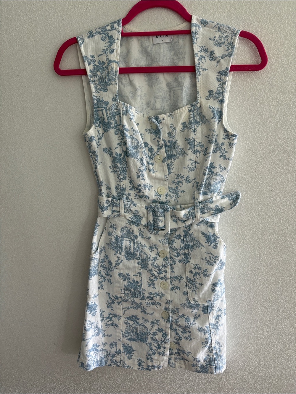 Storia White and Blue Toile Button-Front Belted Mini Dress